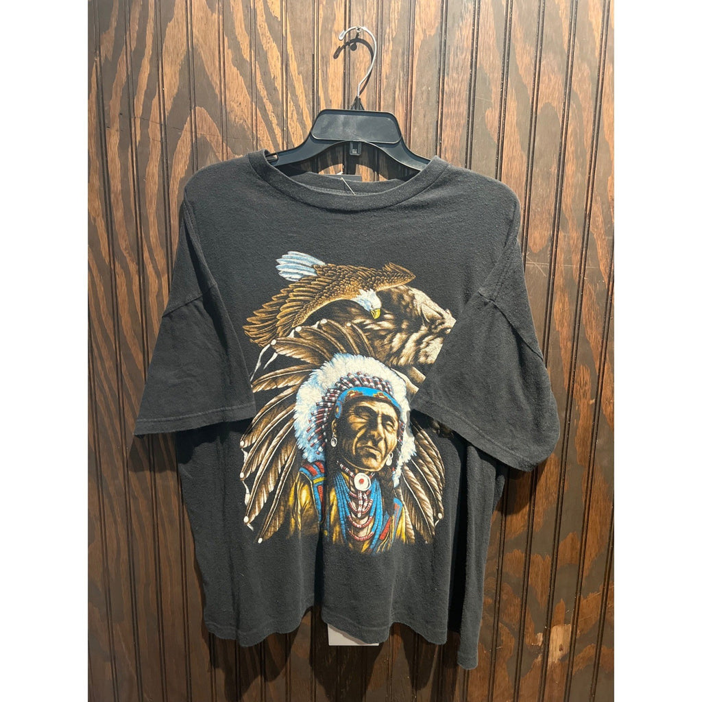 Vintage 90s Native American Chief Eagle Wolf Graphic T-Shirt Black Single Stitch