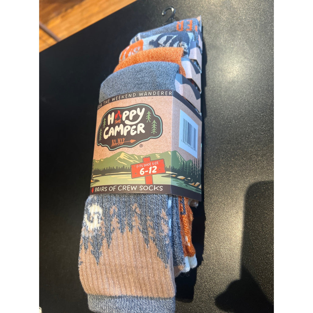Happy Camper by MVP Mens Crew Socks 4 Pack Mountain Tree Graphic Orange Grey6-12