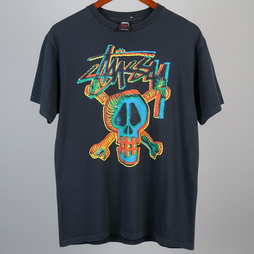 Stussy Skull Crossbones Graphic TShirt Black Multi Color Vintage Y2K Mens Medium