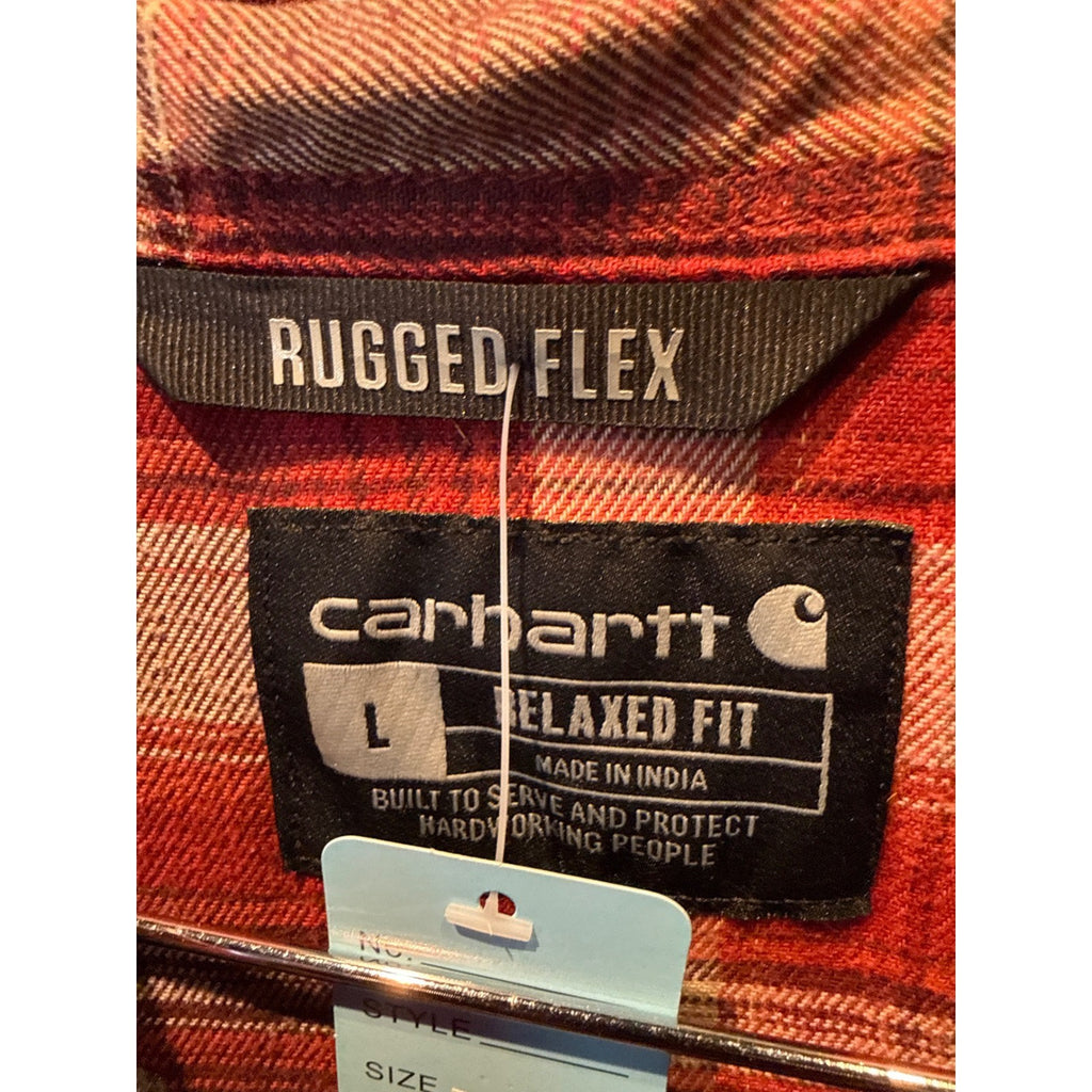 Carhartt Mens L Rugged Flex Relaxed Fit Plaid Flannel Button Down Shirt Red
