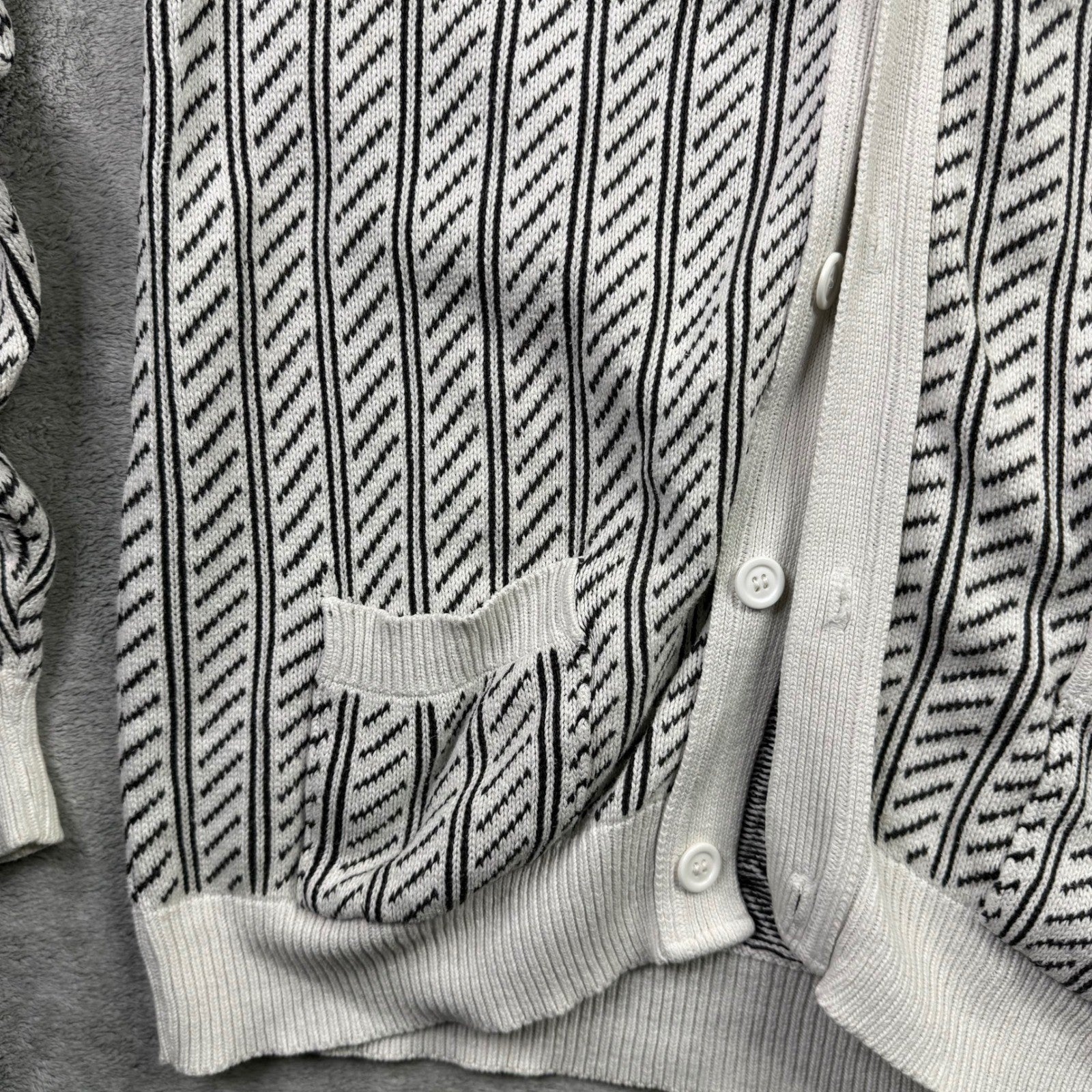 MF Staff Mens Large Cotton Cardigan Sweater Black White Stripe V Neck Pockets