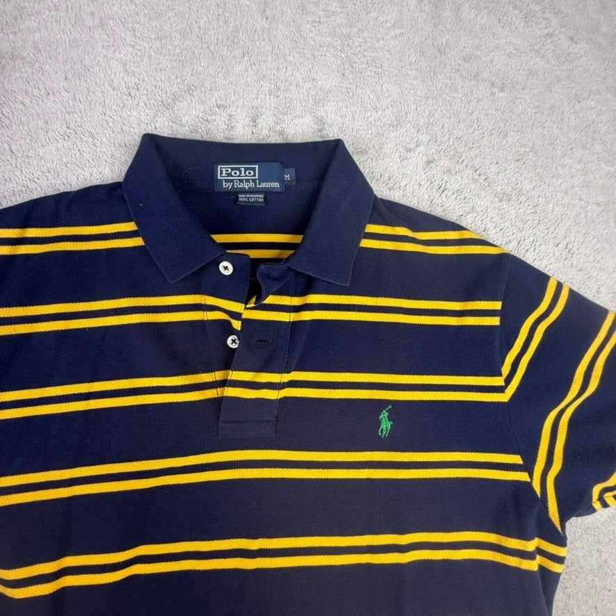 Polo Ralph Lauren Men's Navy Yellow Striped Short Sleeve Polo Shirt Size Medium