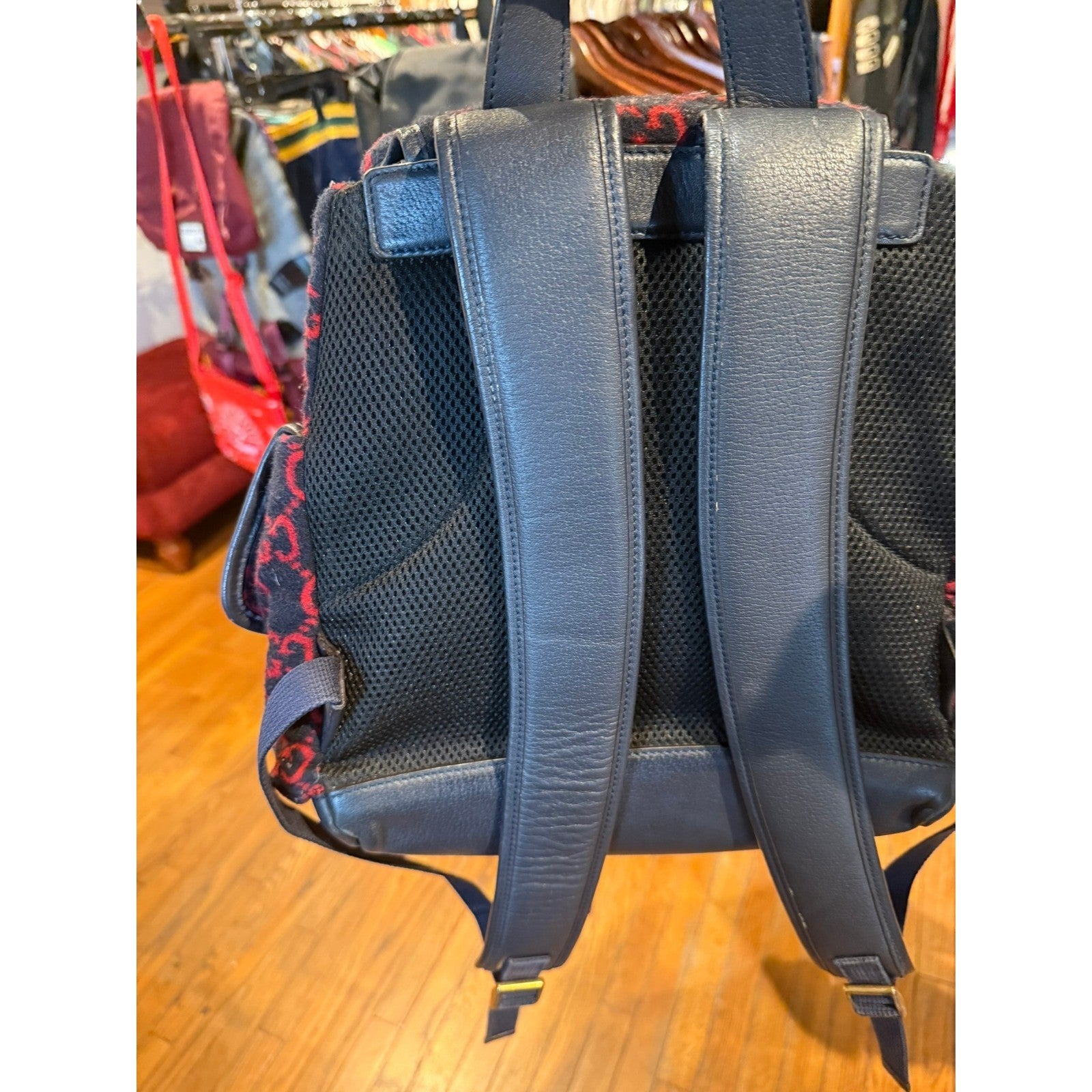 Gucci GG Monogram Wool Leather Backpack Navy Blue Red Large Rucksack Italy