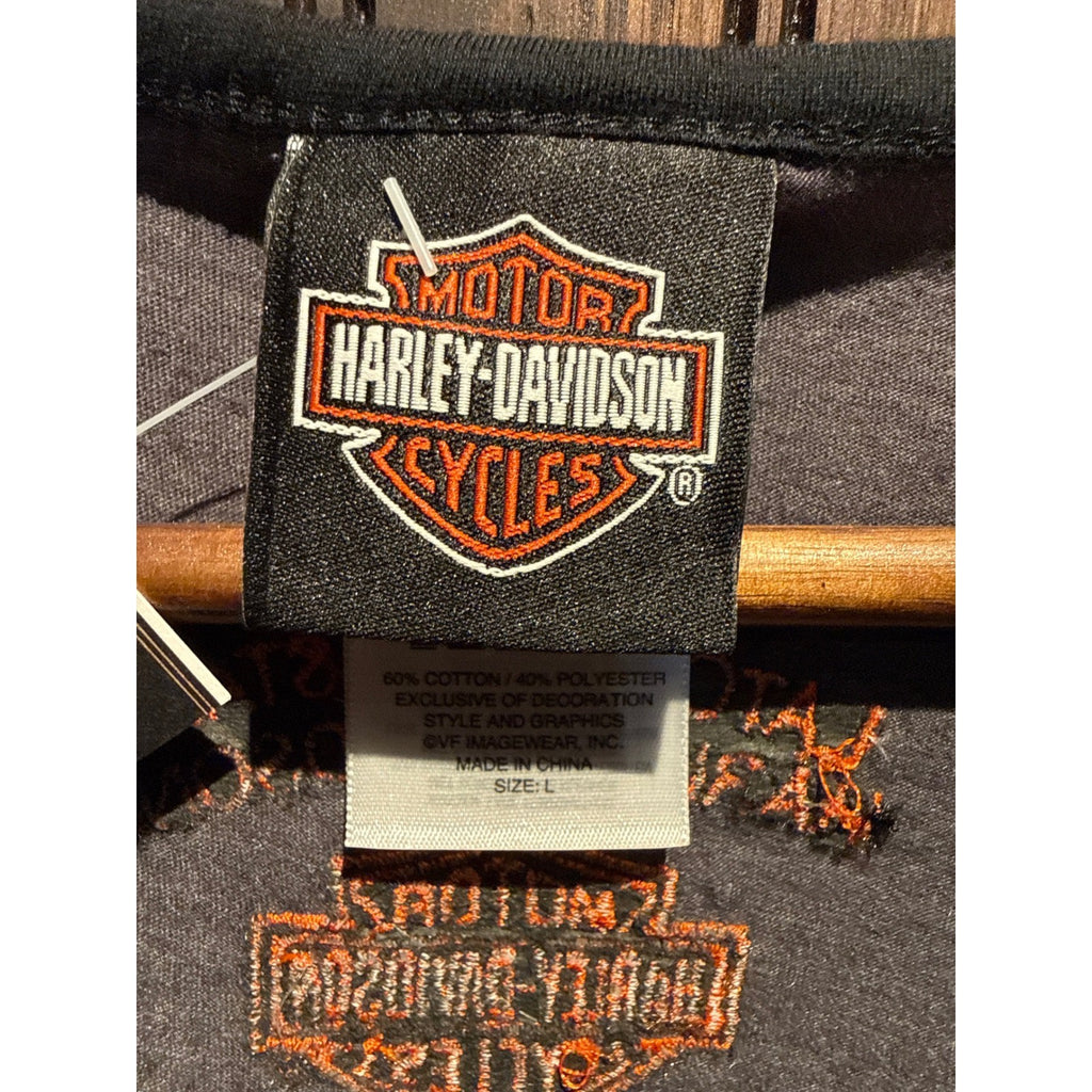 Harley Davidson Womens V-Neck Graphic Tee Winged Skull Grey Black Orange Large