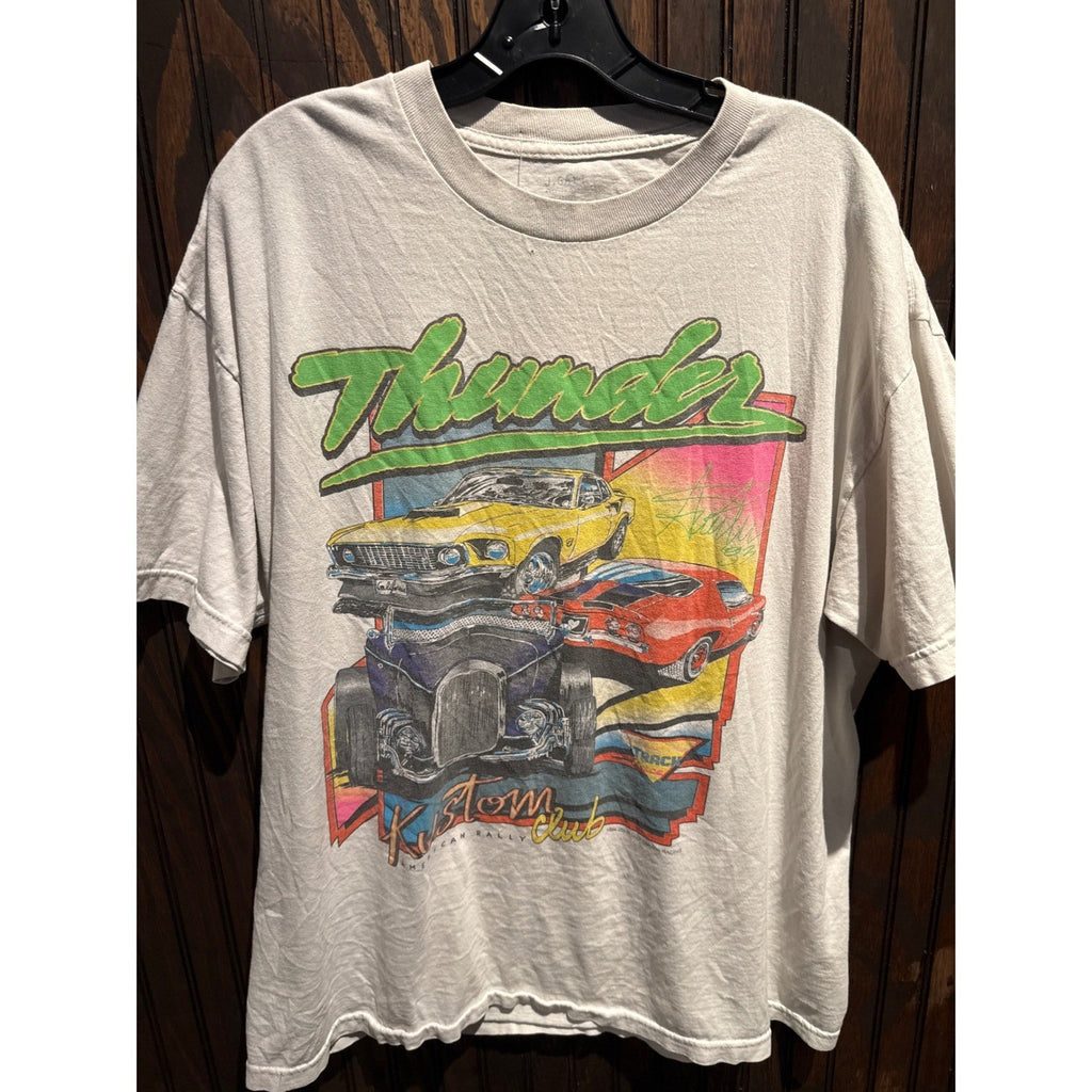 J Galt Thunder Kustom Club Graphic Tee Mens XL Off White Muscle Car Racing Shirt