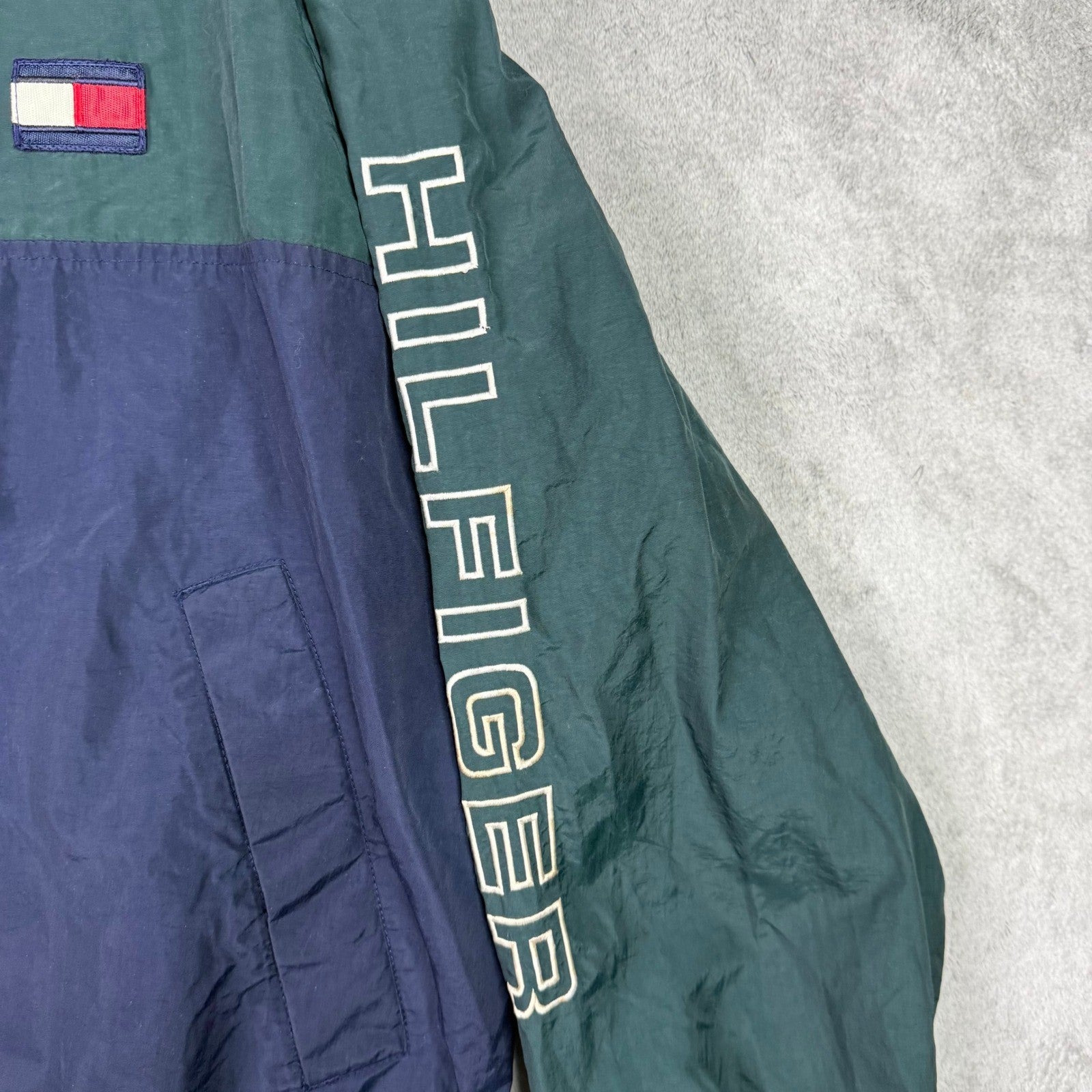 Tommy Hilfiger Colorblock Windbreaker Jacket Navy Green Mens XL Logo Spellout