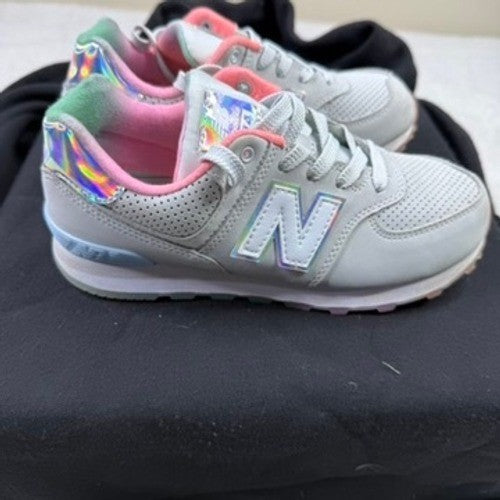 New Balance 574 Kids Shoes Size 2 Youth Gray Pink Green Holographic Accents