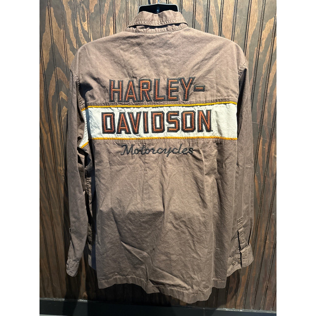 Harley Davidson Mens Brown Grey Colorblock Logo Long Sleeve Button Up Shirt XL