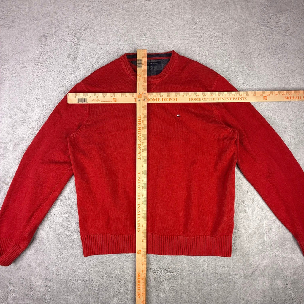 Tommy Hilfiger Mens Red Crewneck Sweater XL Plaid Trim Logo Knit