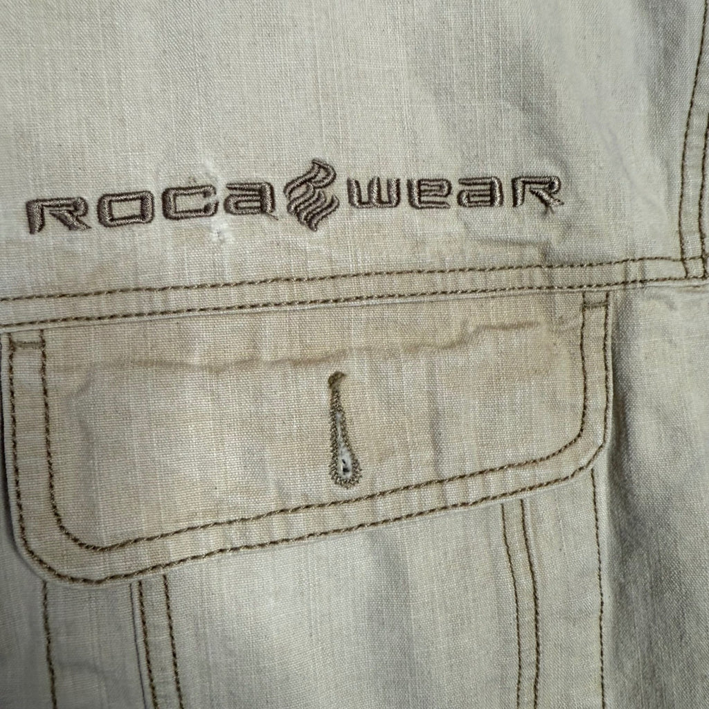 Rocawear Men's Tan Short Sleeve Zip Up Workwear Shirt Casual Tan Size XL
