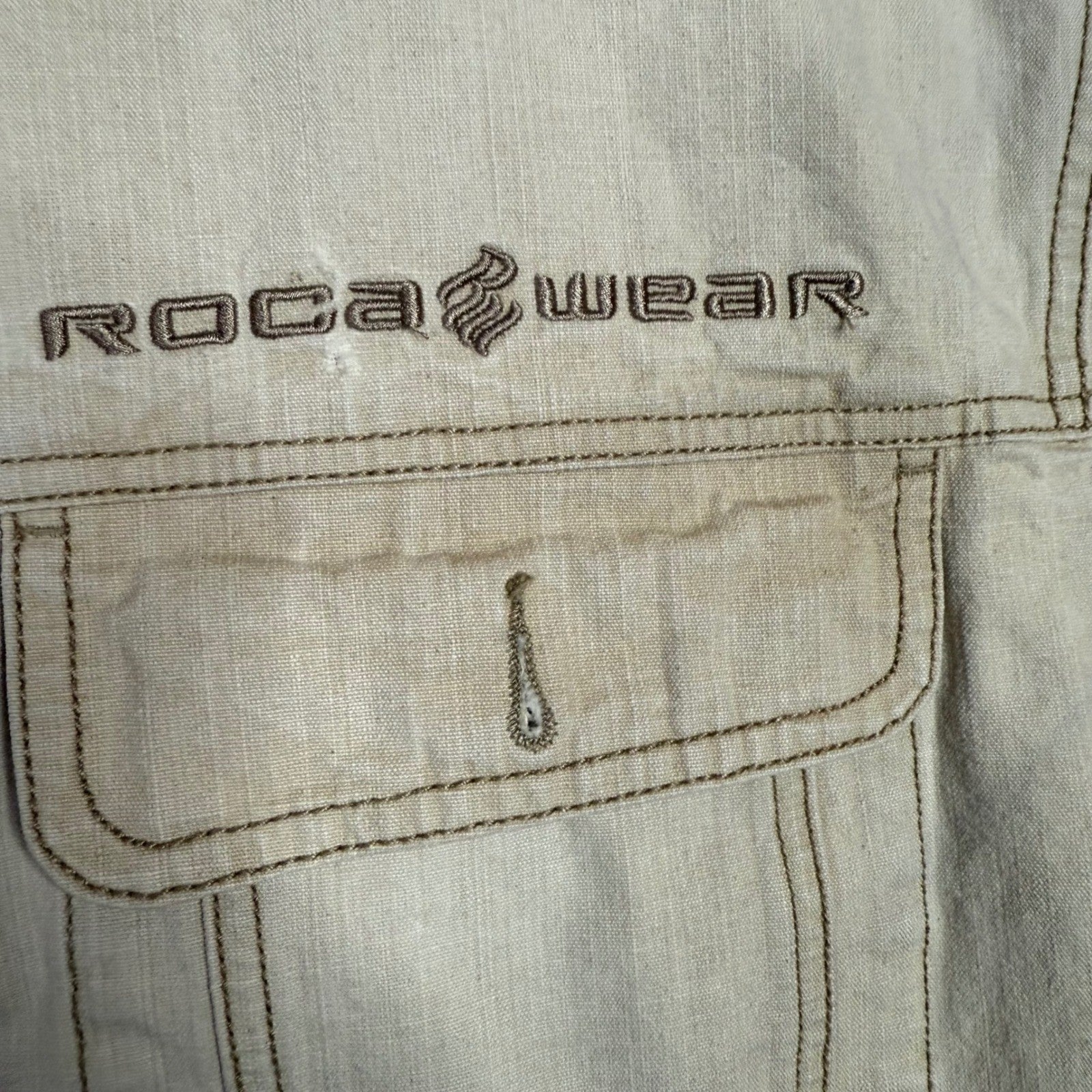 Rocawear Men's Tan Short Sleeve Zip Up Workwear Shirt Casual Tan Size XL