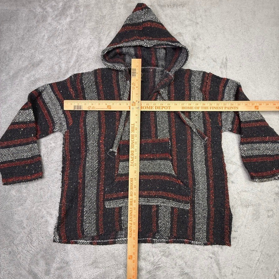 Men's Baja Hoodie Drug Rug Pullover Sweater Charcoal Red Striped Size L