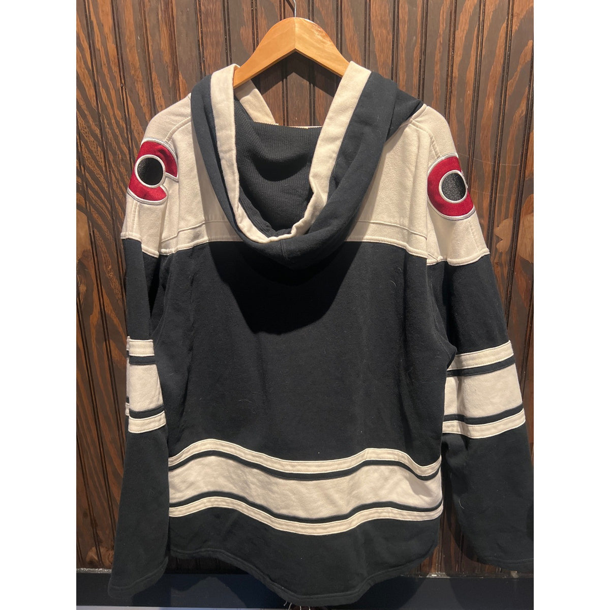 Colorado Avalanche 47 Brand Lace Up Hockey Jersey Hoodie Black Cream NHL Mens L