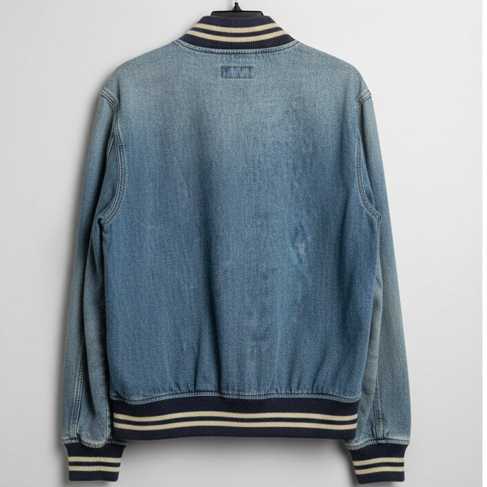 Polo Ralph Lauren Denim Varsity Jacket Blue Light Wash Snap Bomber Mens Medium