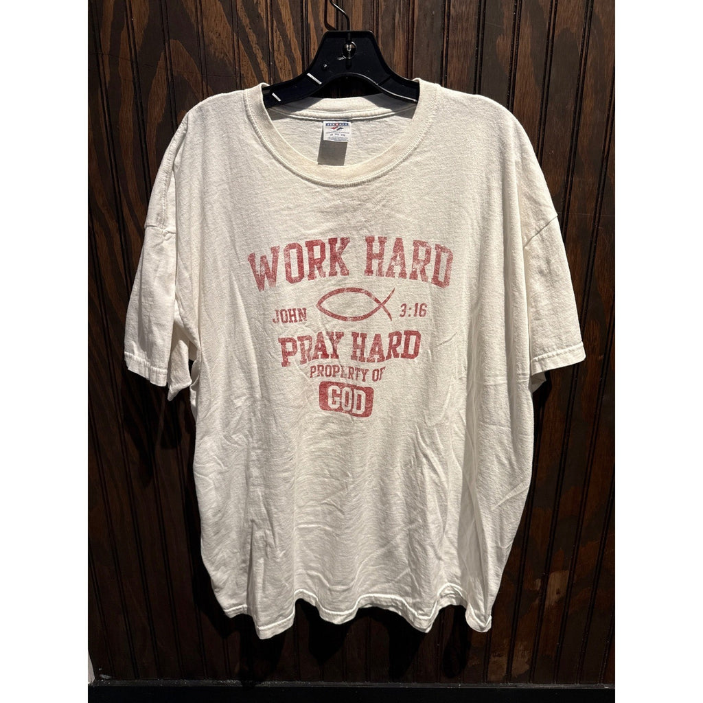 Vintage Jerzees Work Hard Pray Hard Property of God Christian T-Shirt Cream XXL