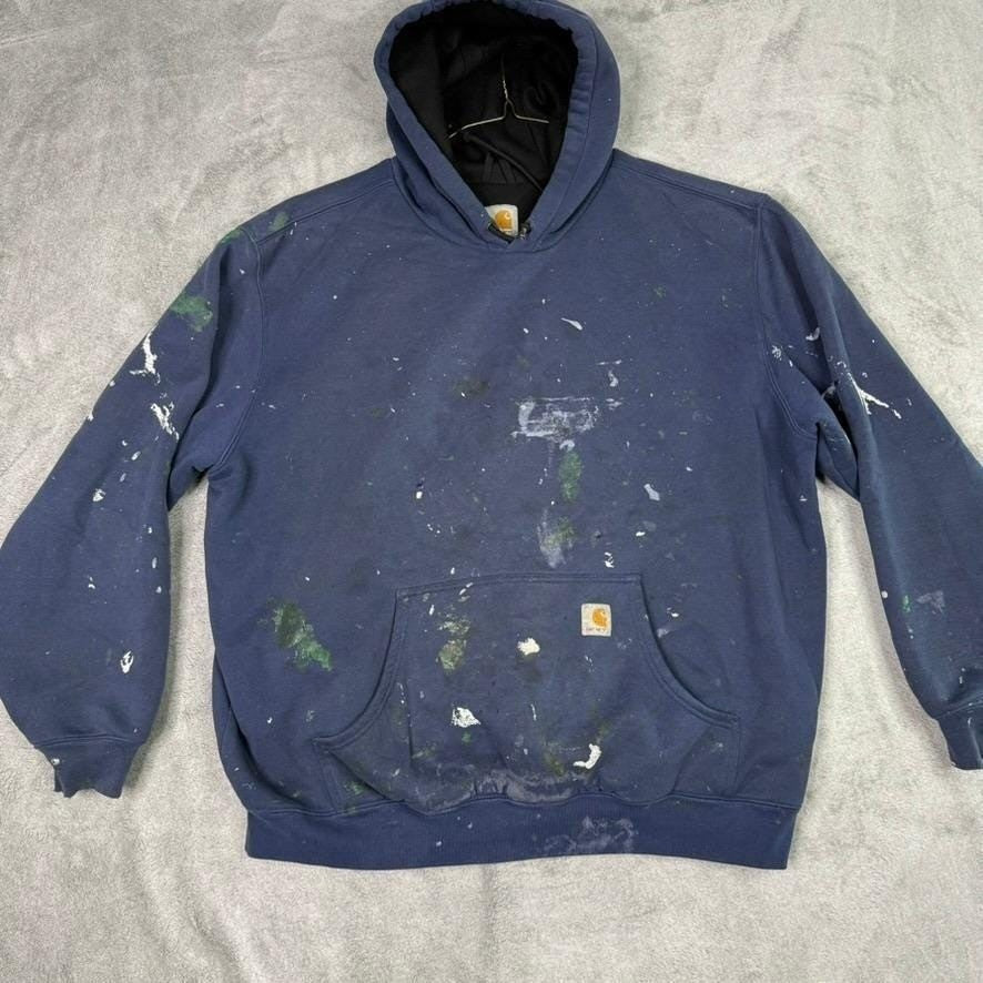 Carhartt J170 NVY Navy Blue Paint Splatter Workwear Hoodie Sweatshirt XL Regular