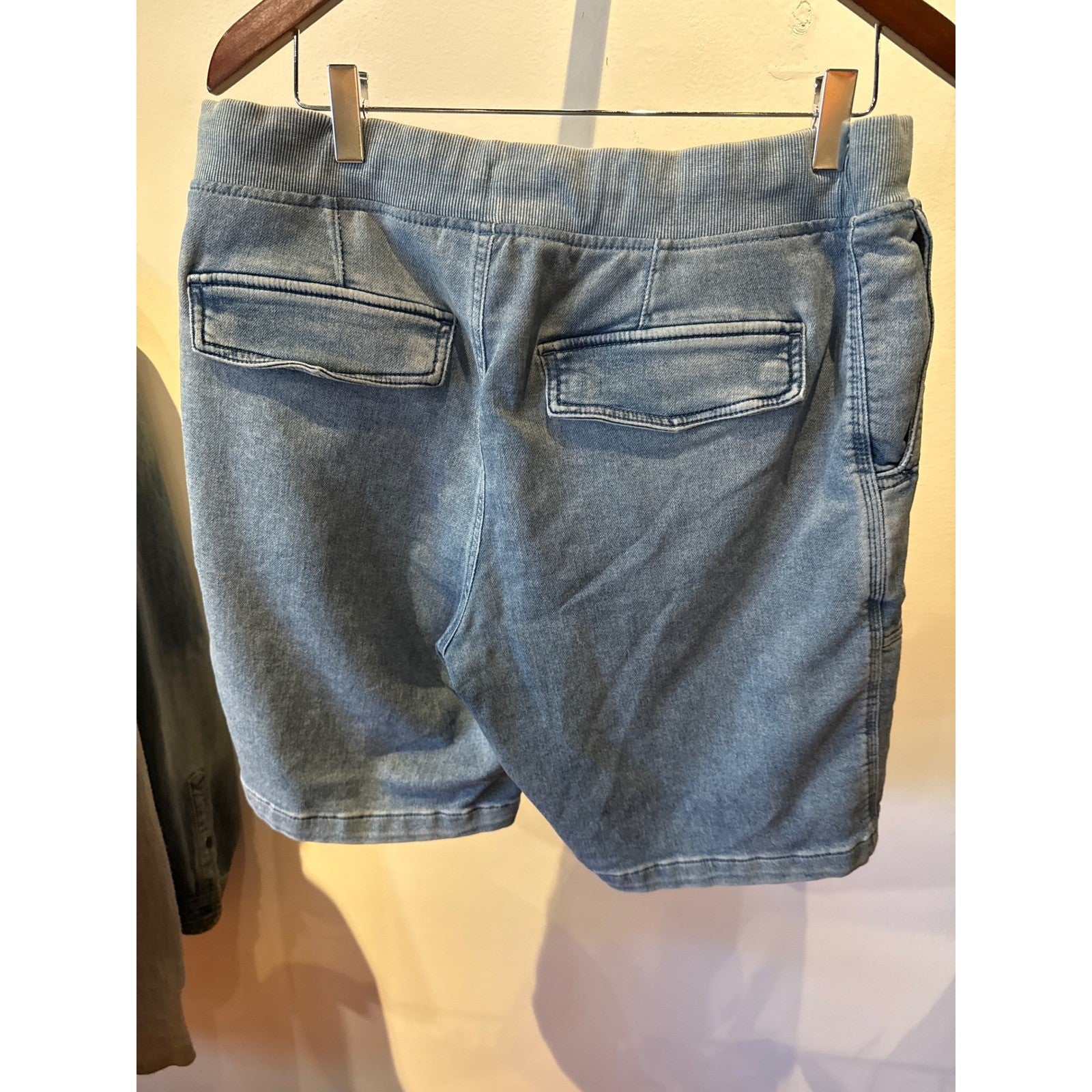 Mens Knit Denim Shorts Light Wash Elastic Waist Drawstring Blue Casual Jorts
