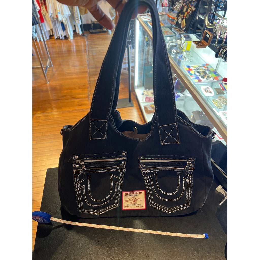 True Religion Black Canvas Tote Bag Contrast Stitch Horseshoe Pockets Y2K Hobo