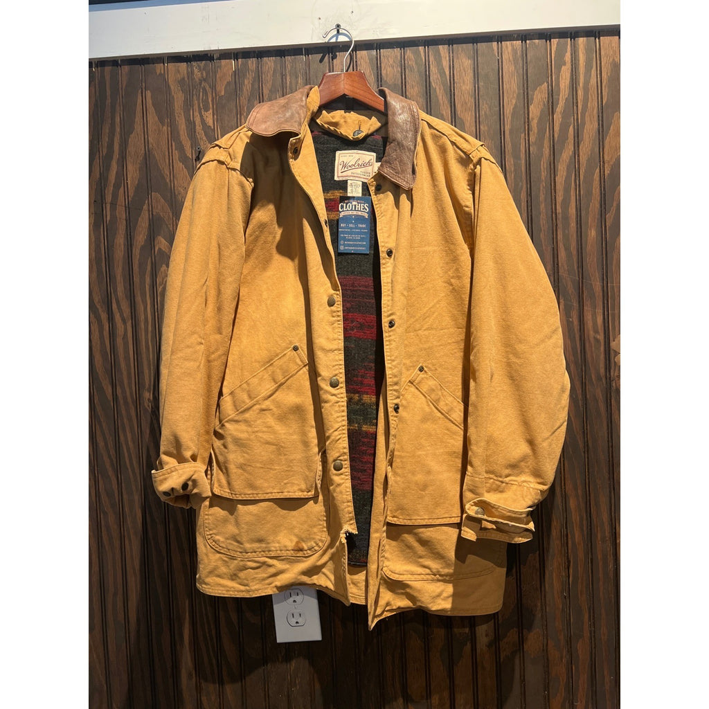 Vintage Woolrich Barn Coat Canvas Field Jacket Leather Collar Yellow 22x33