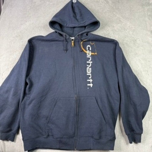 Carhartt Full Zip Hoodie Navy Blue Logo Graphic Size 2XL