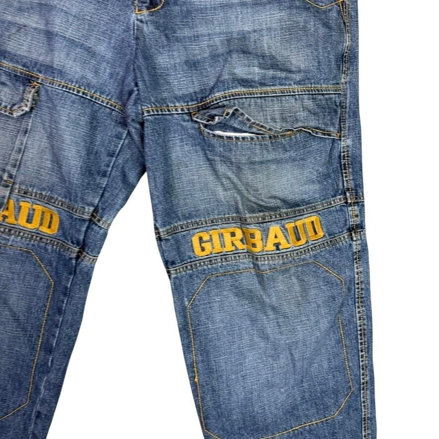 Girbaud Jeans Mens 38x30 Relaxed Fit Carpenter Cargo Denim Pants Yellow Logo