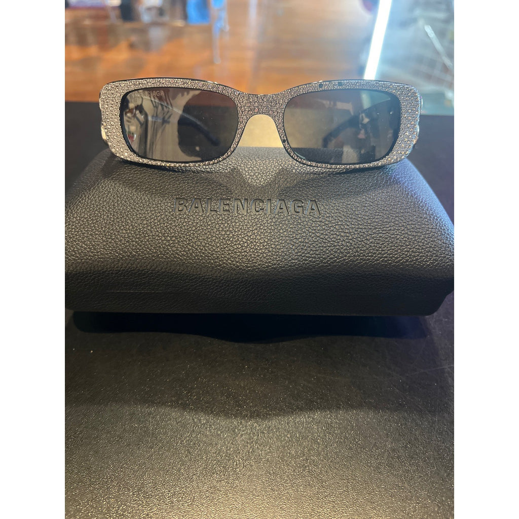 Balenciaga BB0096S Crystal Embellished Rectangular Sunglasses Blk Silver BB Logo