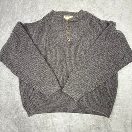 Eddie Bauer Mens Gray Ribbed Knit Henley Sweater L 100% Cotton USA Made