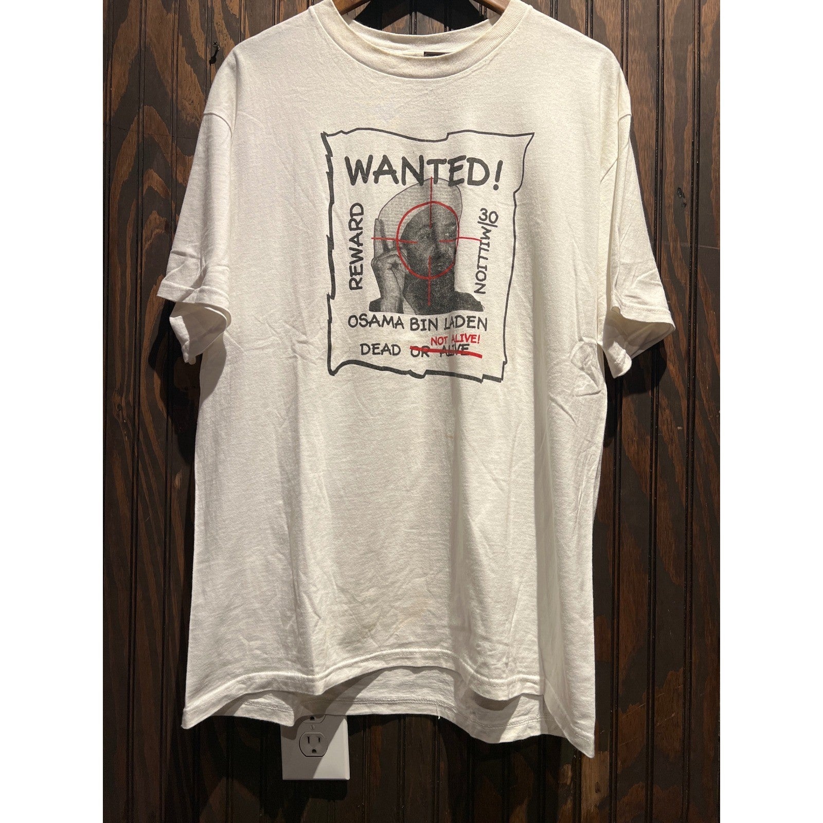 Vintage Osama Bin Laden Wanted Dead or Not Alive Graphic T-Shirt White XL 23x31