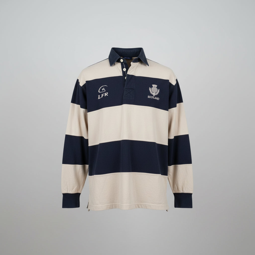 Live For Rugby Scotland Jersey Mens Medium Navy Blue Gray Striped Long Sleeve