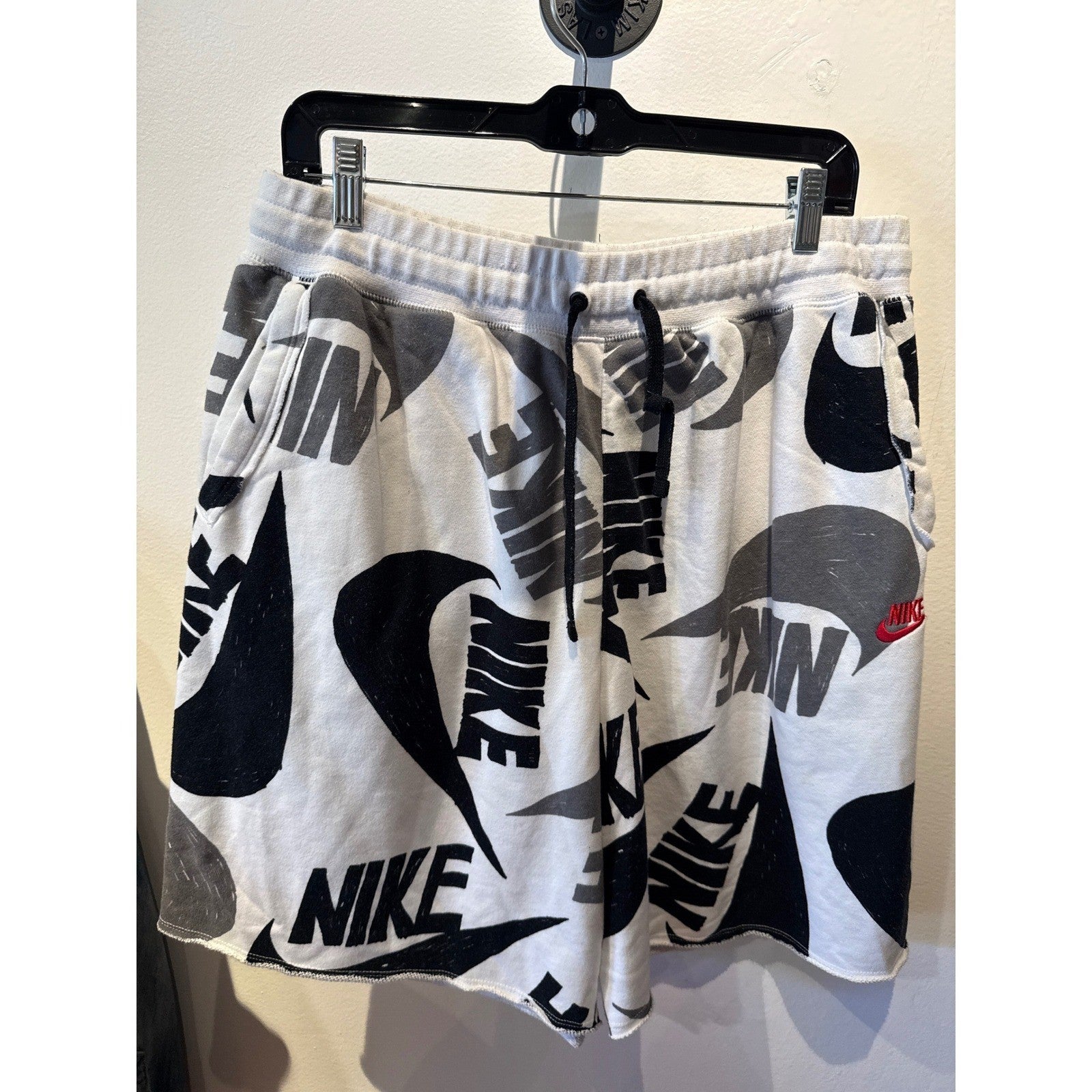 Nike Mens All Over Print Swoosh French Terry Shorts White Black Grey XL