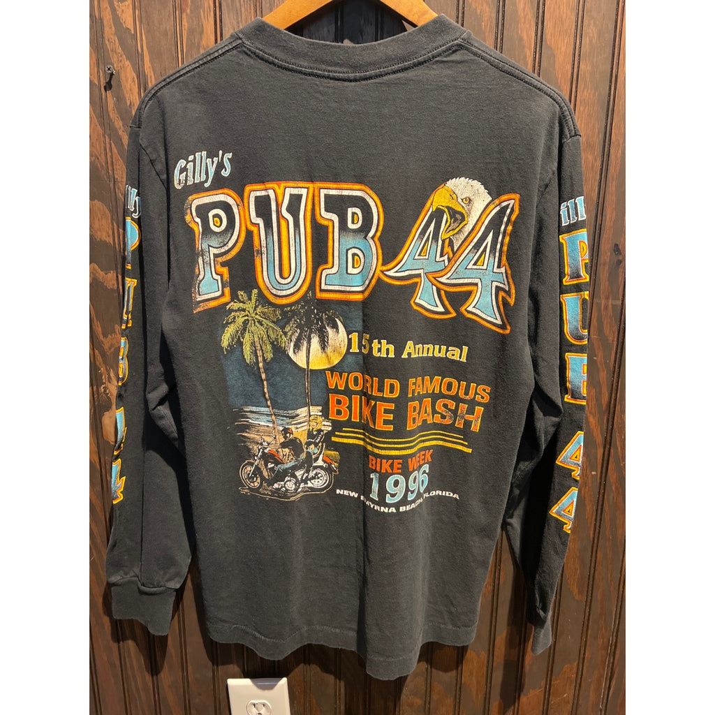 Vintage 1996 Bike Week Allies Pub 44 Long Sleeve Pocket Tee Faded Black 20x27