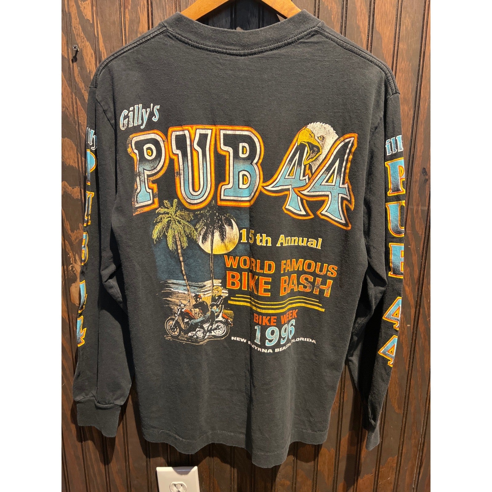 Vintage 1996 Bike Week Allies Pub 44 Long Sleeve Pocket Tee Faded Black 20x27