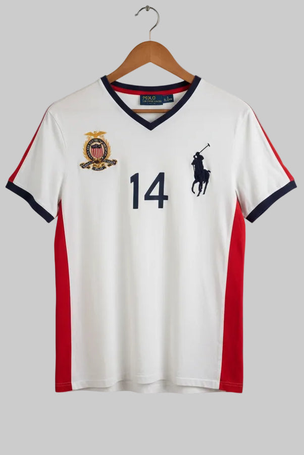 Polo Ralph Lauren Mens USA Custom Fit V-Neck T-Shirt Big Pony White Red Blue 14