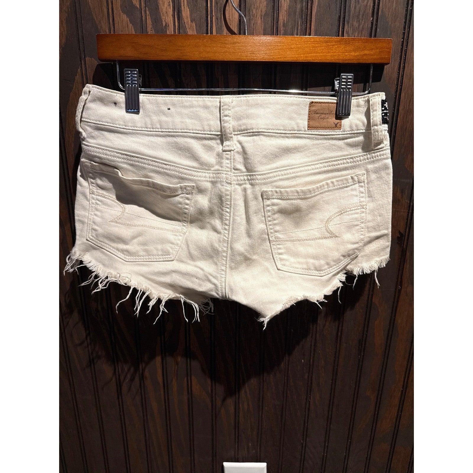 American Eagle White Denim Cutoff Shorts Beaded Waistband Boho Distressed Womens