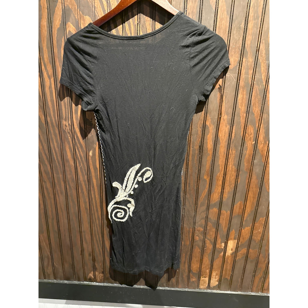 ENTI Womens Black Embroidered V-Neck Mini Dress Tunic Short Sleeve Slim Fit