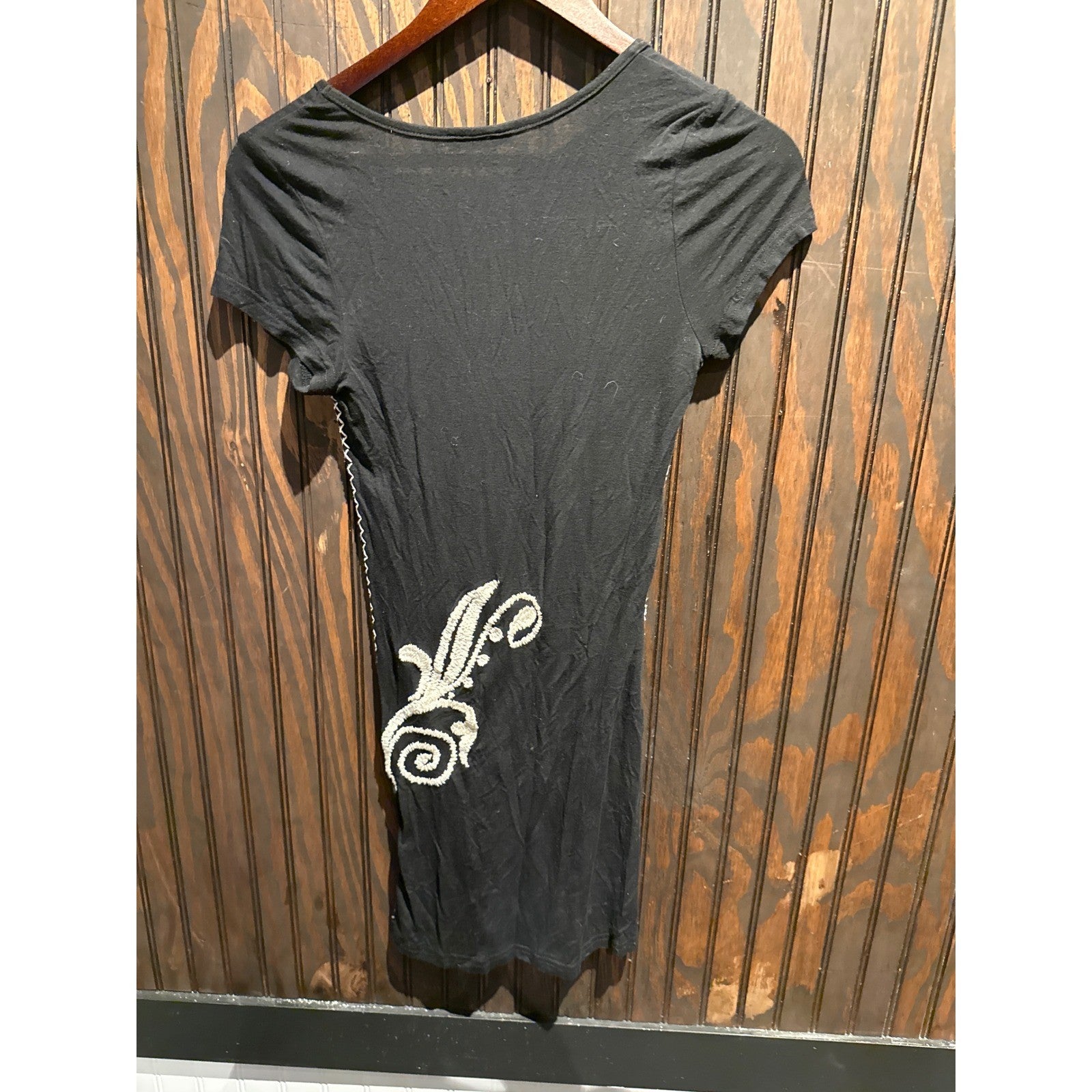 ENTI Womens Black Embroidered V-Neck Mini Dress Tunic Short Sleeve Slim Fit