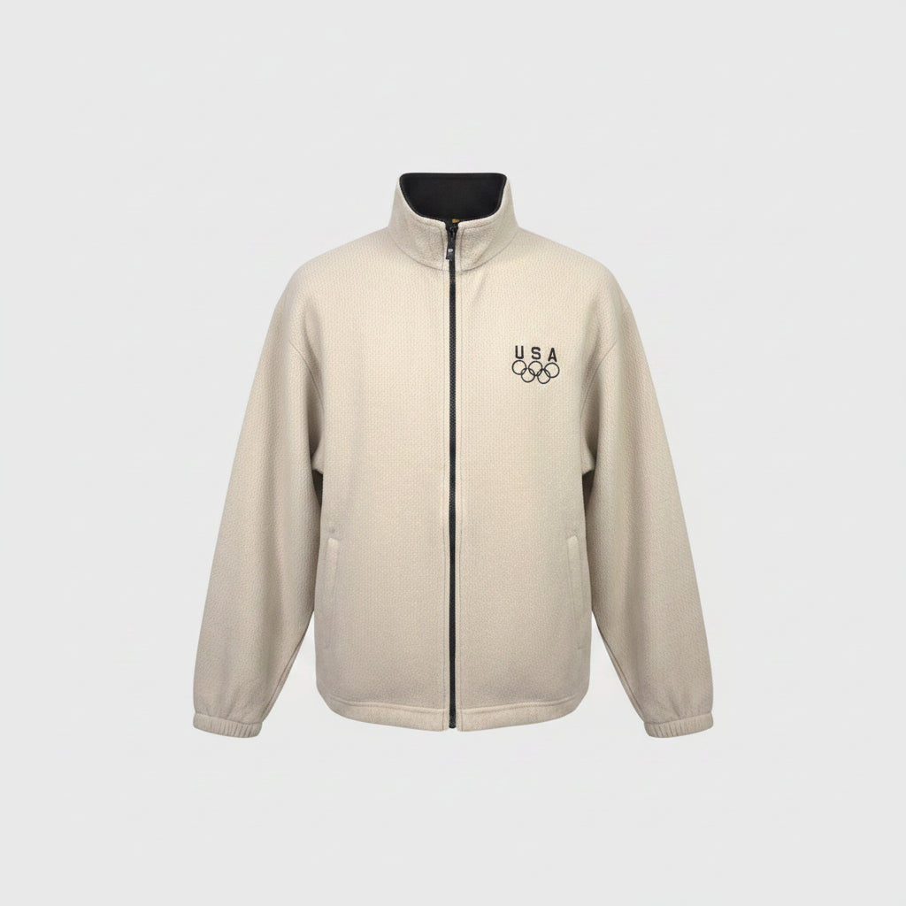 USA Olympic Fleece Jacket Mens Full Zip Beige Black Collar