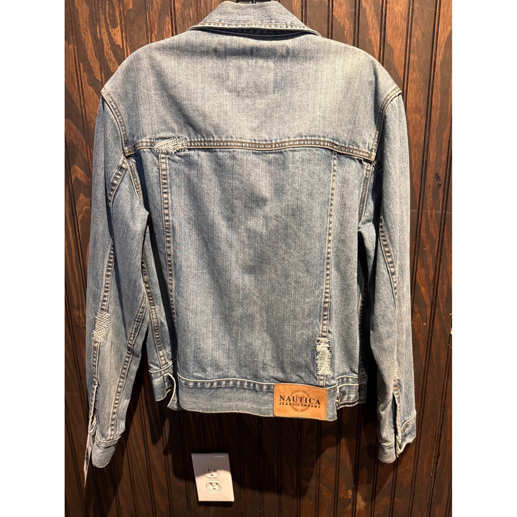 Nautica Jeans Company Mens Medium Wash Distressed Denim Trucker Jacket Blue M