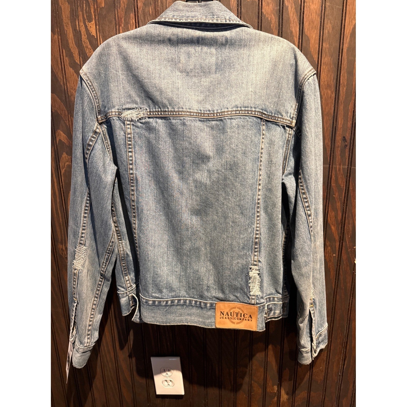 Nautica Jeans Company Mens Medium Wash Distressed Denim Trucker Jacket Blue M
