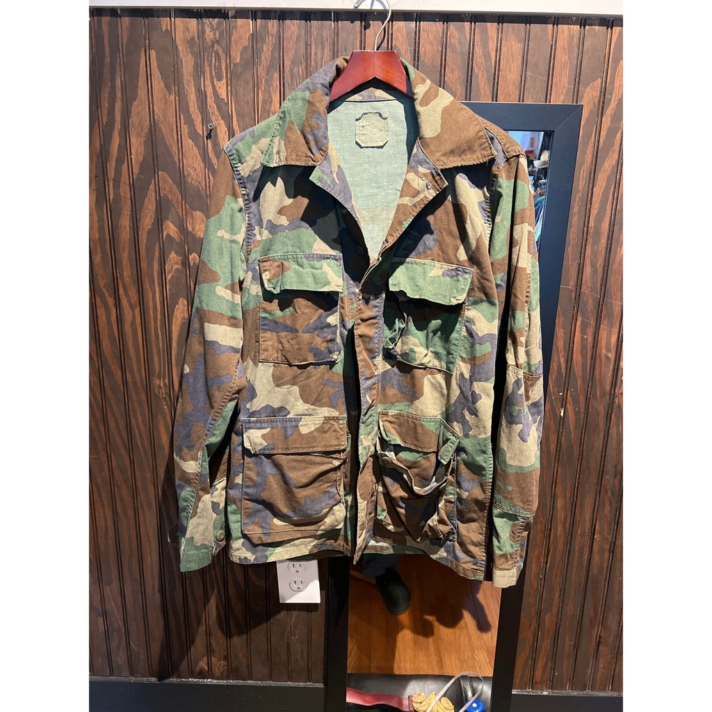 Vintage Woodland Camo Field Jacket Military Surplus Ripstop Cargo Coat XL