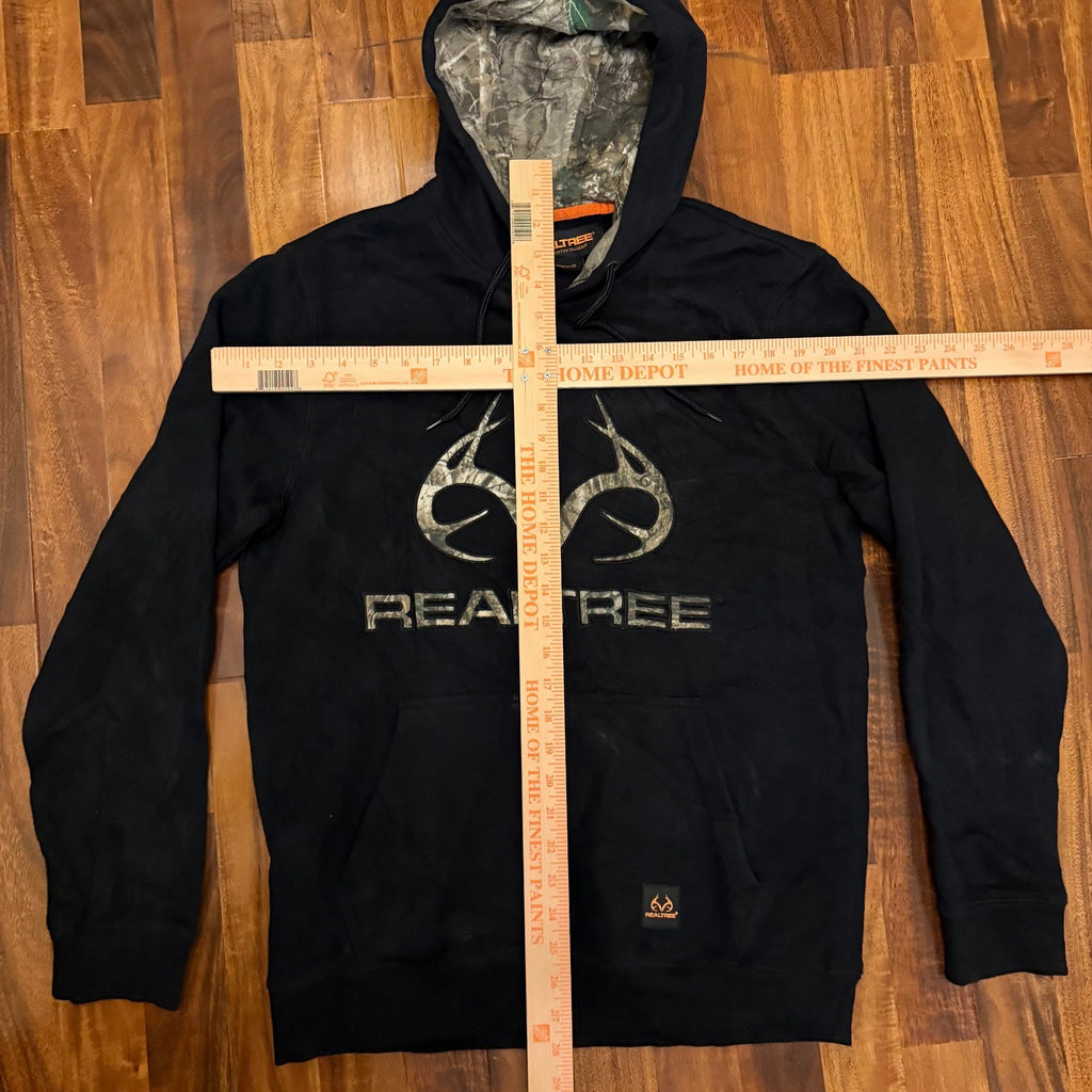 Realtree Mens Black Camo Logo Pullover Hoodie Sweatshirt Size Medium Hunting
