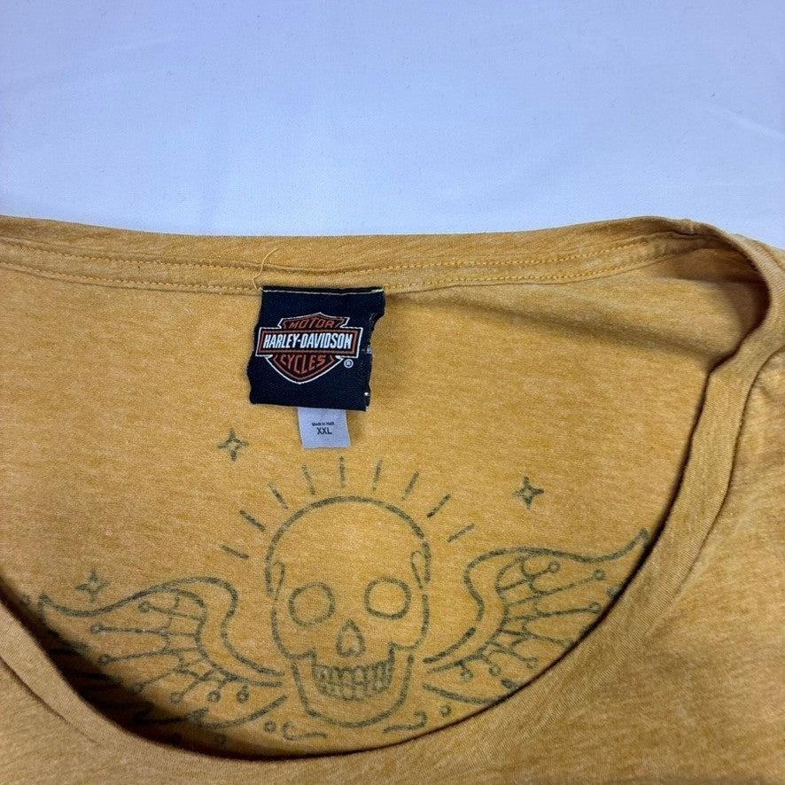 Harley Davidson Motorcycles Graphic T Shirt Womans XL Mustard Yellow Skull Wings