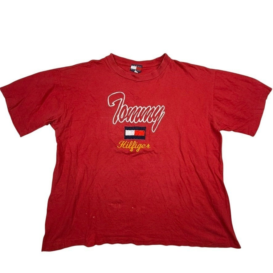 Vintage Tommy Hilfiger Red Graphic T Shirt Embroidered Logo Size XL