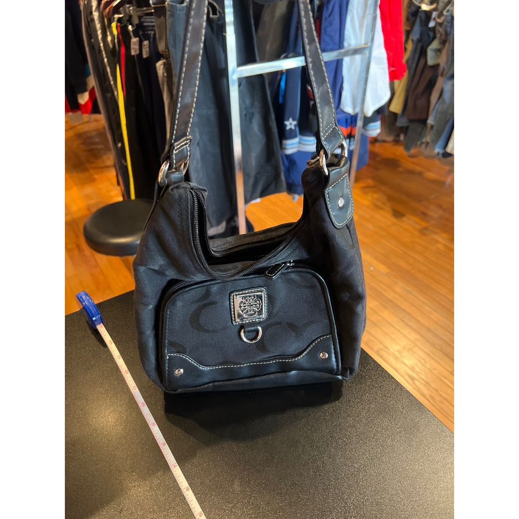 Treviso Black Monogram Jacquard Hobo Shoulder Bag Faux Leather Trim Silver Logo