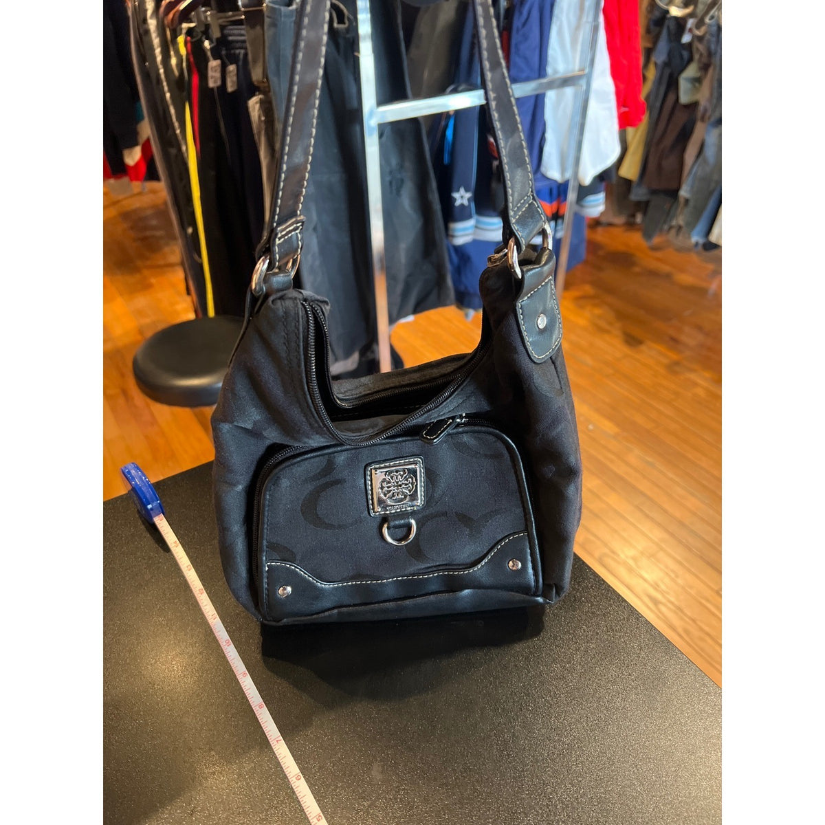 Treviso Black Monogram Jacquard Hobo Shoulder Bag Faux Leather Trim Silver Logo