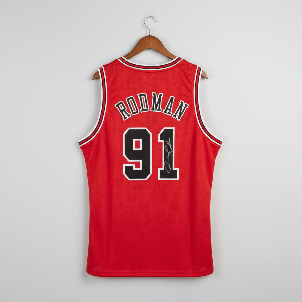 Dennis Rodman Signed Chicago Bulls Jersey Beckett Authenticated Red XL 91