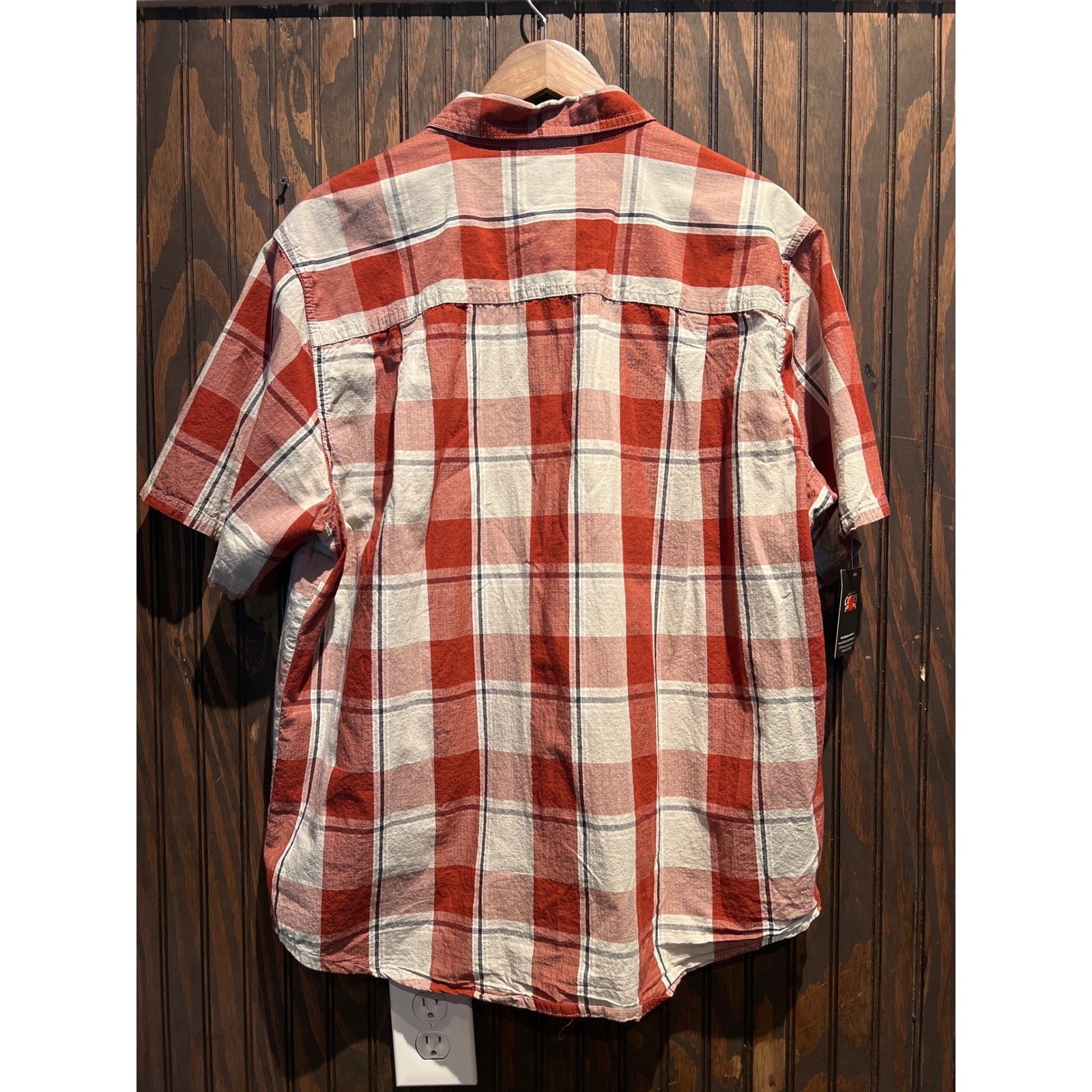 Woolrich Mens XL Modern Fit Short Sleeve Plaid Button Down Shirt Red White Blue