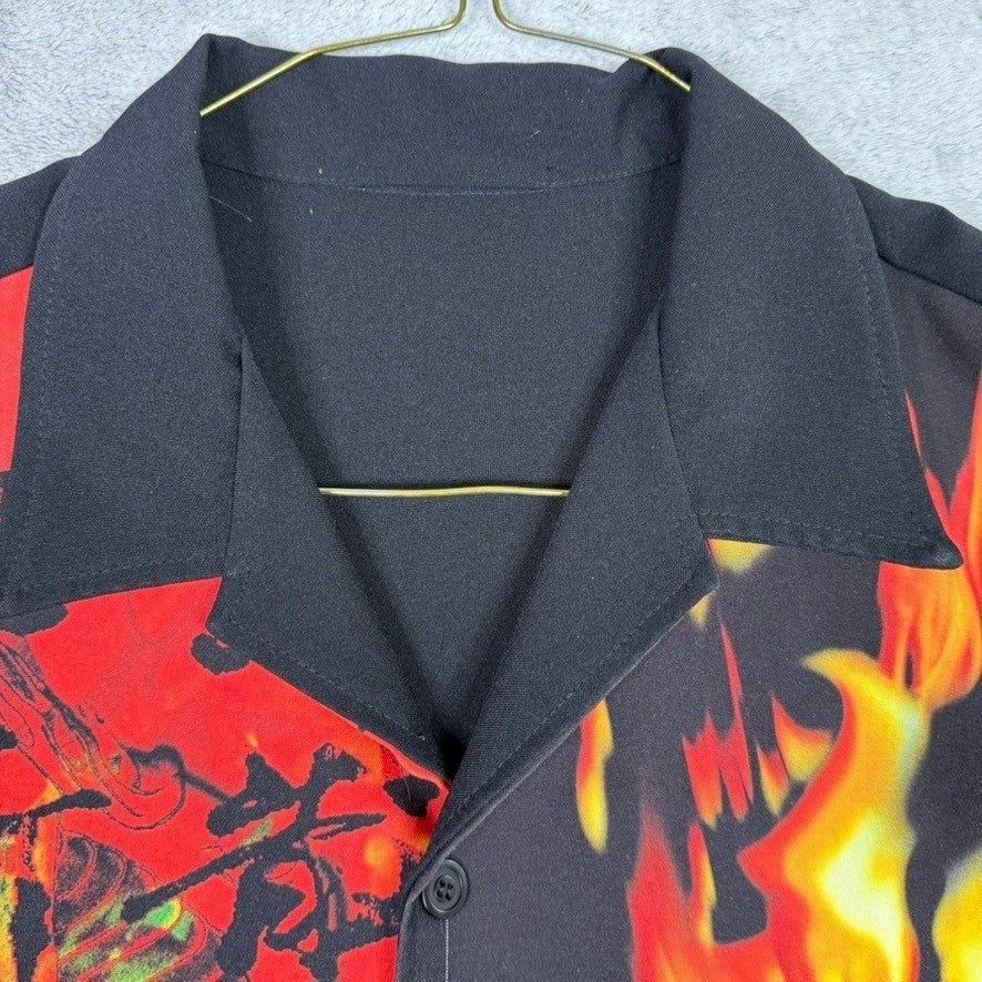 Dragon Fire Flame Art Short Sleeve Button Up Shirt Mens Size XL Black Red