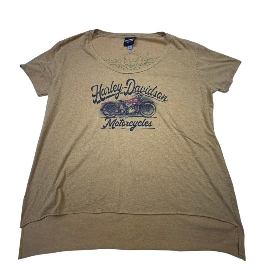 Harley Davidson Motorcycles Graphic T Shirt Womans XL Mustard Yellow Skull Wings