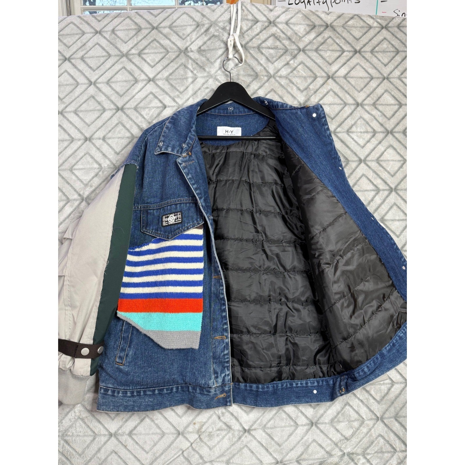 Mens Denim Jacket Patched Collage Graphic Embroidered Distressed Unique